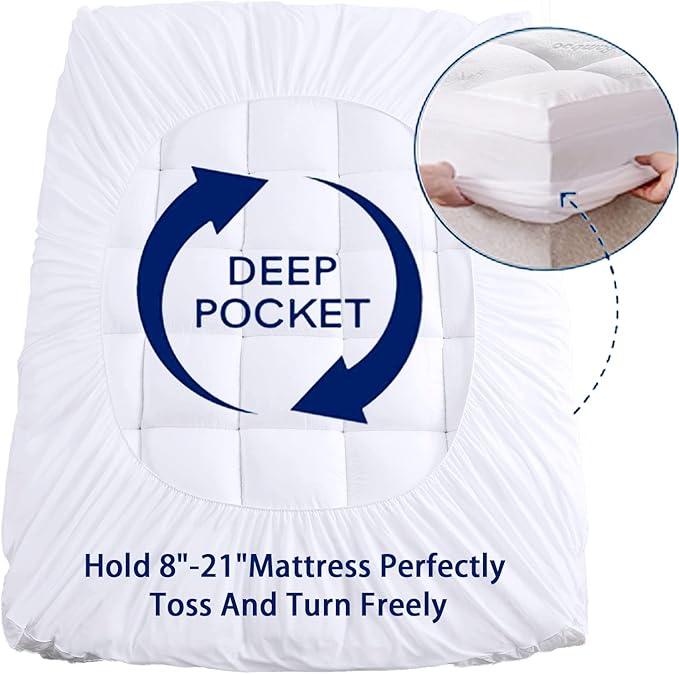 Mattress Topper Full Size, Cooling Extra Thick Breathable Viscose Made from Bamboo Mattress pad, Soft Quilted Fitted Mattress Cover with 1000 GSM Down Alternative Fill (8-21”Deep Pocket)