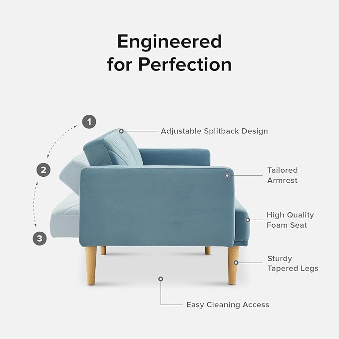 mopio 76.4" Futon Sofa Bed, Couch, Loveseat, Sleeper Sofa, Mid Century Modern Futon Couch, Sofa Cama, Couches for Living Room (Sky Blue Premium Velvet)