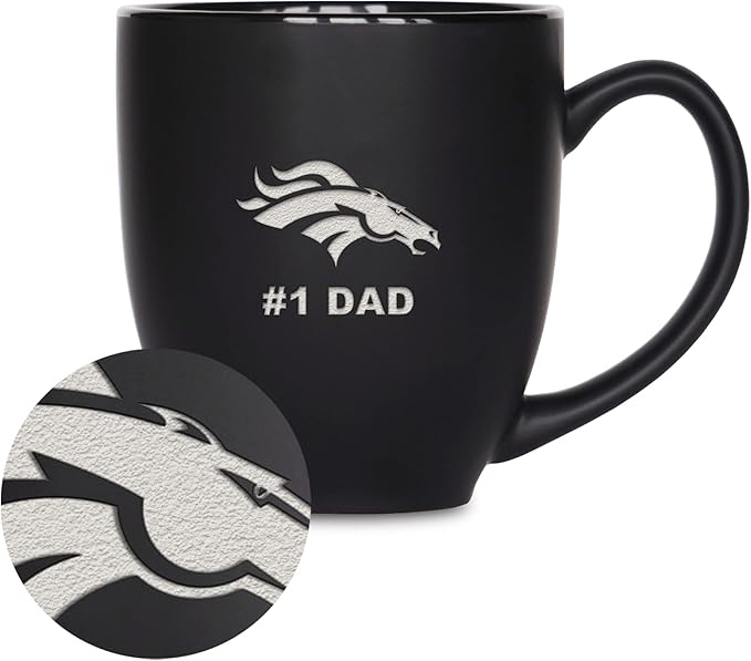 Rico Industries NFL Football #1 Dad 15oz Laser Engraved Matte Black Ceramic Bistro Mug - for Hot or Cold Drinks
