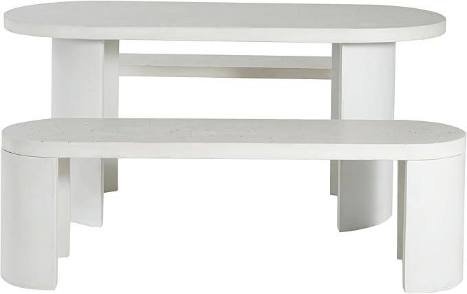 Christopher Knight Home Vicla 3 Pieces Durable Concrete Outdoor Dining Set with Stylish Terrazzo Finish, Patio Dining Table with 2 Benches, Oval Outdoor Patio Furniture Set with Pedestal Base, White