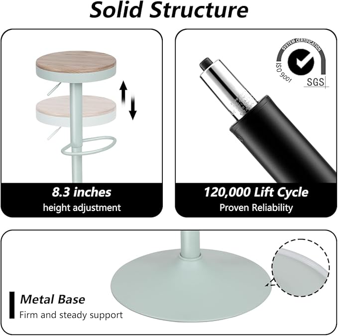Kidol & Shellder Bar Stools Set of 4 Round Adjustable Swivel Barstools Modern Backless Bar Chairs Wooden Seat Counter Height Stools Armless for Kitchen Island, Cafe, Dining Room (Mint Green)