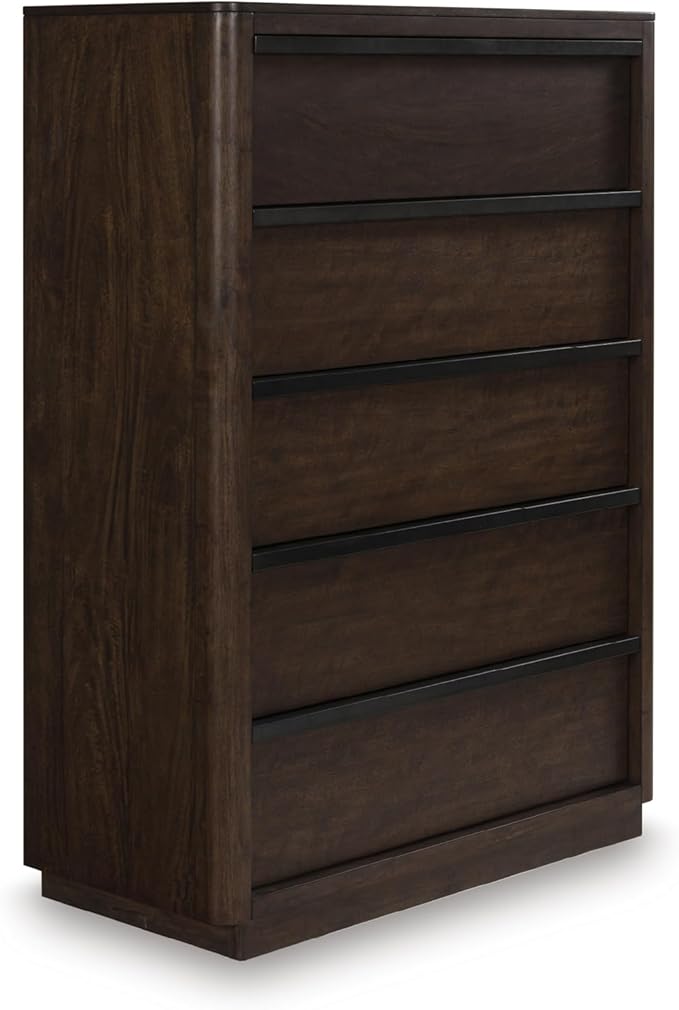 Signature Design by Ashley Kendamor Contemporary 5-Drawer Chest with Felt-Lined Top Drawer and Easy Glide for Bedroom, Dark Brown