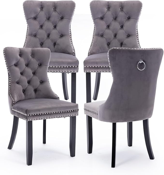 Velvet Upholstered Dining Chairs Set of 4, Modern Style Kitchen Side Chairs with Nailhead Trim and Wood Legs,Metal Pulling Ring for Dining Room Living Room(Grey,Set of 4)