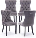 Velvet Upholstered Dining Chairs Set of 4, Modern Style Kitchen Side Chairs with Nailhead Trim and Wood Legs,Metal Pulling Ring for Dining Room Living Room(Grey,Set of 4)