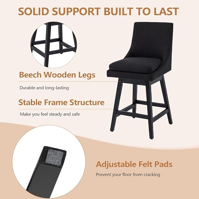 Bar Stool, 26 Inch Upholstered Barstools with 14.2" High Back and Footrest, Swivel Counter Height Barstools for Kitchen Island Home Bar Performance Fabric Black