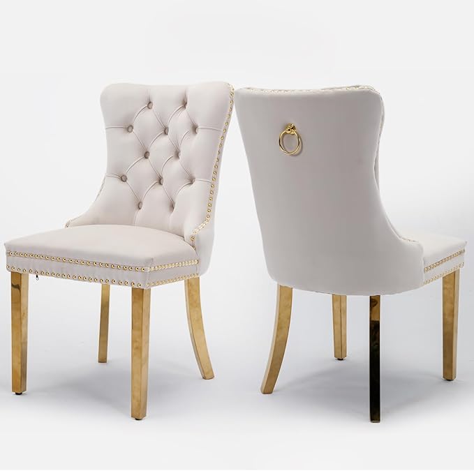 Velvet Upholstered Dining Chairs Set of 2, Modern Style Kitchen Side Chairs with Nailhead Trim and Gold Plated Leg, Metal Pulling Ring for Dining Room Living Room(Beige-Gold Plated Leg)