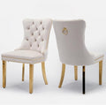 Velvet Upholstered Dining Chairs Set of 2, Modern Style Kitchen Side Chairs with Nailhead Trim and Gold Plated Leg, Metal Pulling Ring for Dining Room Living Room(Beige-Gold Plated Leg)