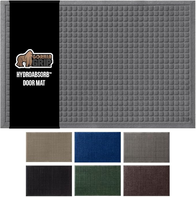 GORILLA GRIP Front Door Mat, Indoor Outdoor Ultra Absorbent HydroAbsorb Doormat, Absorbs Up to 1.7 Cups of Water, Stain and Fade Resistant, Rubber Backing Doormats, Captures Dirt, 29x17 Gray