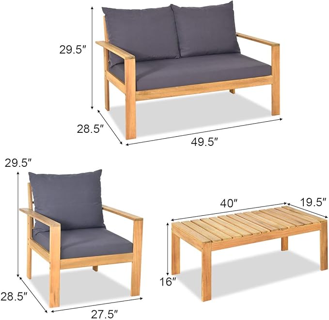 COSTWAY 8 Pieces Outdoor Acacia Wood Sofa Set, Outdoor Conversation Sofa Set with Table & Cushions Porch Chairs for Garden, Patio, Deck