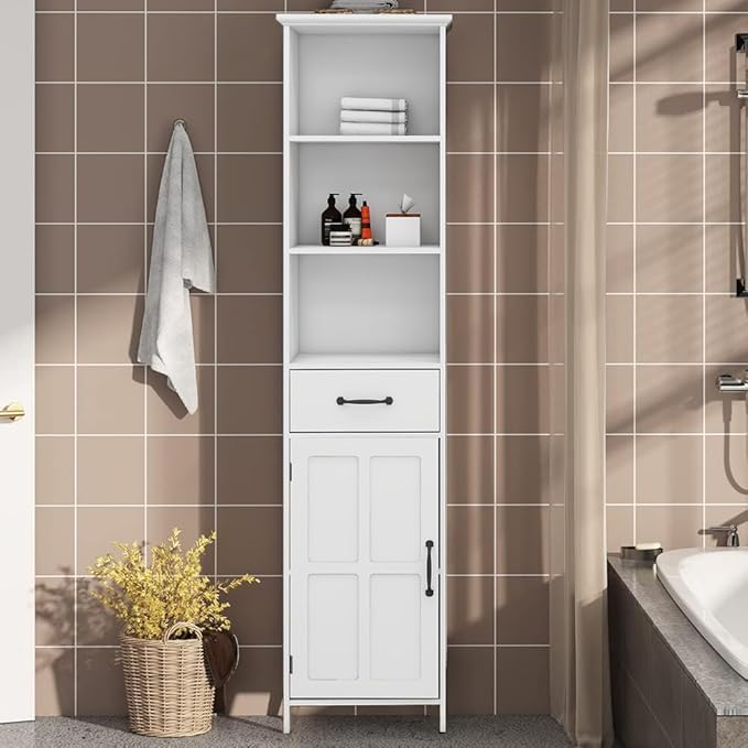 Tall Bathroom Storage Cabinet with Door and Shelves, Narrow Bathroom Cabinet Freestanding, White Slim Storage Cabinet for Home, Kitchen, Anti-Tipping