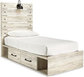 Signature Design by Ashley Cambeck Farmhouse Twin Panel Platform Bed with 4 Storage Drawers, Cubbies, Sconce Light and USB Ports, Foundation or Box Spring Not Needed, Whitewash