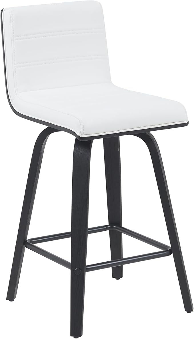 Vienna Modern Counter Height Swivel Bar Stool with Snow White Faux Leather Seat and Black Brushed Wood Frame Set of 2