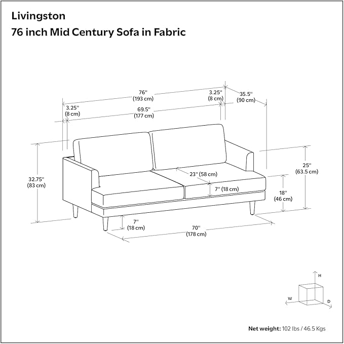 SIMPLIHOME Livingston 76-inch Wide Sofa in Cream White Woven-Blend Fabric, Handcrafted Loveseat Couch for Living Room or Family Room, Mid-Century Modern Style, Solid Wood Frame