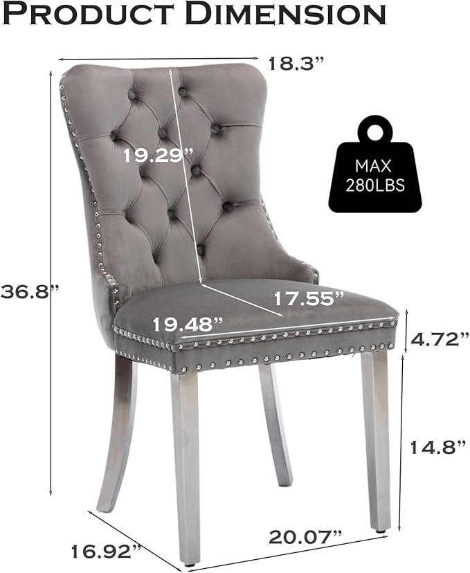 Velvet Upholstered Dining Chairs Set of 2, Modern Style Kitchen Side Chairs with Nailhead Trim and Silver Plated Leg, Metal Pulling Ring for Dining Room Living Room(Gery-Silver Plated Leg)