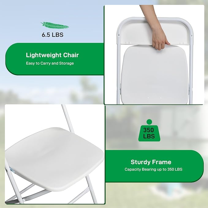 100 Pack White Plastic Folding Chairs, Portable Party Chairs, Stackable Commercial Seats with Steel Frame for Home Office Wedding Party Indoor Outdoor Events Chairs, 350lbs Capacity