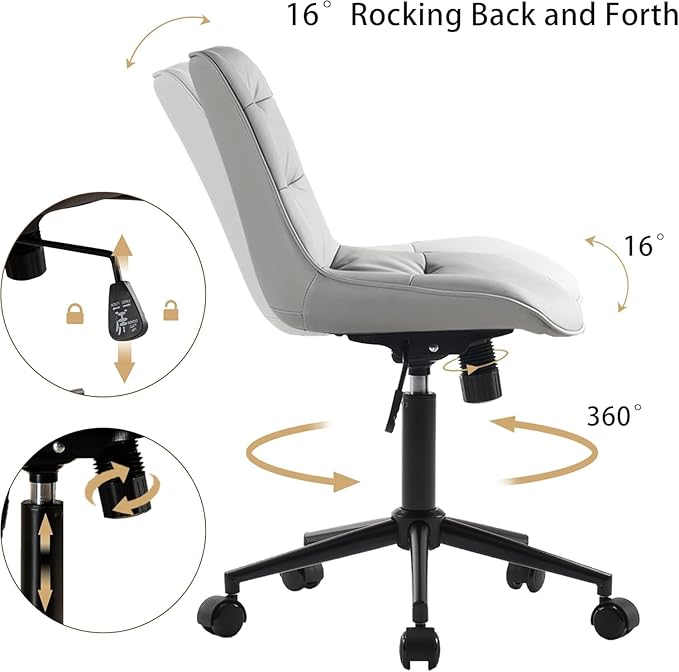 Kidol & Shellder Faux Leather Office Chair, Adjustable Swivel Height Task Chair, Rolling Wheels & Soft Backrest - Armless Ergonomic Desk Chair for Home, Office,Vanity,Gaming（Gray）