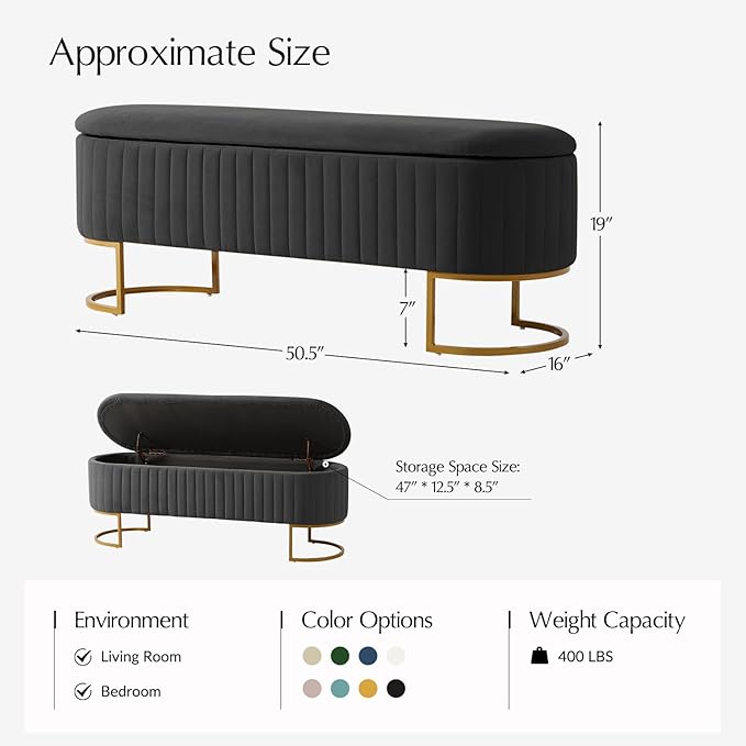 EcoHarbor Living 50.5" Storage Bench Velvet Bedroom Ottoman,Upholstered End of Bed Bench with Gold Legs,Flipping Lid Entryway Footrest, Grey