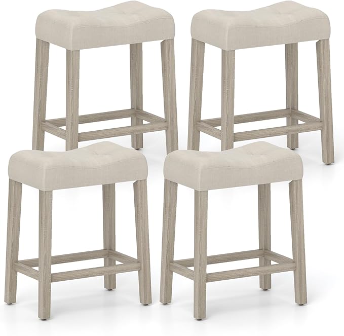 COSTWAY Wooden Saddle Stools Set of 4, 24-inch Counter Height Upholstered Backless Bar Stools with Solid Rubber Wood Legs, Padded Seat, Farmhouse Dining Chairs for Kitchen Island, Cafe, Beige