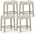 COSTWAY Wooden Saddle Stools Set of 4, 24-inch Counter Height Upholstered Backless Bar Stools with Solid Rubber Wood Legs, Padded Seat, Farmhouse Dining Chairs for Kitchen Island, Cafe, Beige