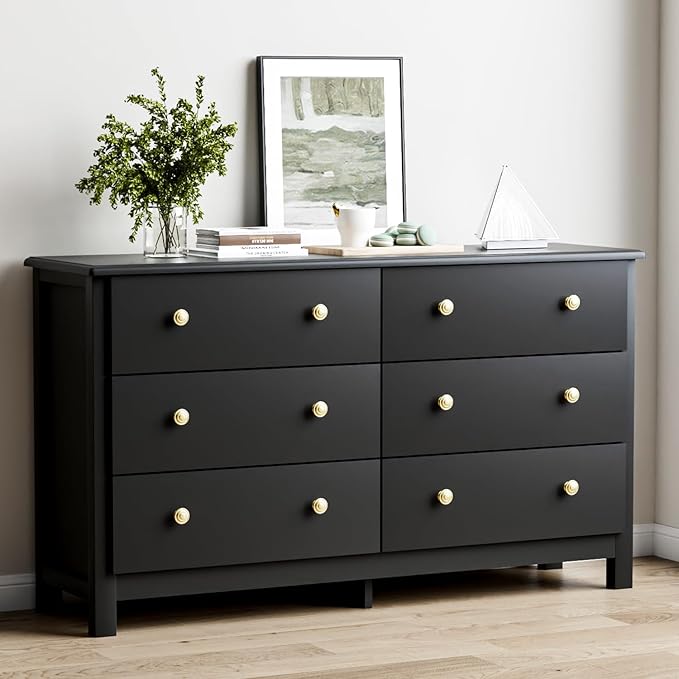 Black Dresser, Modern 6 Drawer Double Dresser for Bedroom with Gold Knobs, Adults & Kids Wide Dressers & Chests of Drawers for Hallway, Entryway