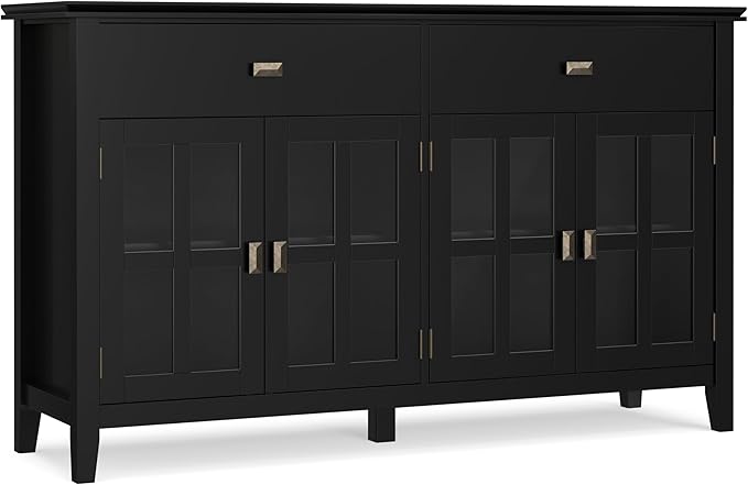 SIMPLIHOME Artisan Buffet - 60 inch Wide Solid Wood 4-Door Sideboard Buffet in Black, Transitional Storage Cabinet for Dining Room or Kitchen with Adjustable Shelves and Square Knobs