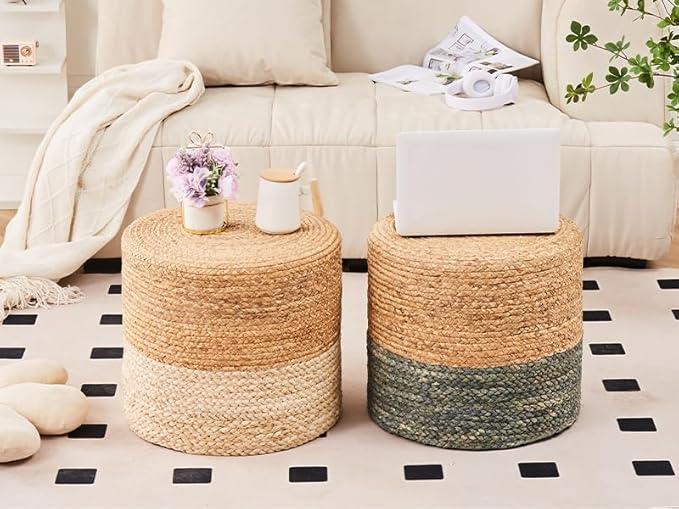 Wimarsbon Pouf Ottomans, Natural Seagrass Foot Stool, Hand Weaving Round Footrest, Poof Pouffe Accent Chair with Wood Frame for Living Room, Bedroom (68LE)