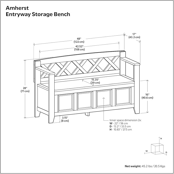 SIMPLIHOME Amherst Entryway Storage Bench - 48 inch Wide Solid Wood Hallway Seat in Farmhouse Brown, Transitional Bench for Entryway or Living Room with Lift-Up Lid and Spacious Storage