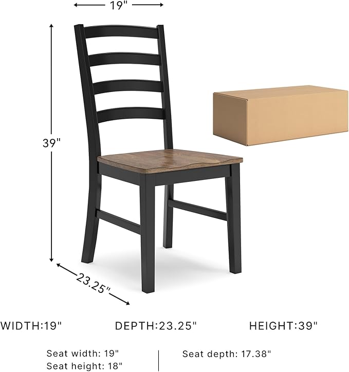 Signature Design by Ashley Wildenauer Armless Dining Chair, Set of 2, Ladderback Design, 19" W x 23.25" D x 39" H, Black & Light Brown with 2-Tone Finish
