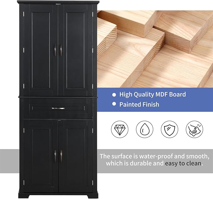 Polibi Bathroom Storage Cabinet with 4 Doors, 3-Tier Door Racks, Storage Drawer, 72" Free-Standing Tall Linen Cabinet for Bathroom, Living Room, Apartment, Black