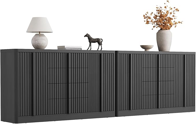 Buffet Cabinet with Storage, 120" Fluted Sideboard with 8 Drawers & 4 Door–Modern Accent Buffet Cabinet with Adjustable Shelves, Credenza Storage Cabinet for Kitchen, Dining, Living Room,Black(2PC)