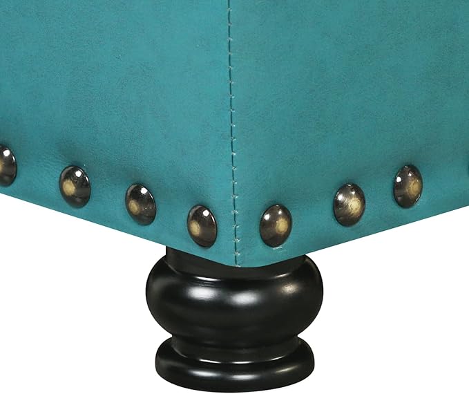 Leather Storage Ottoman Bench with Nailhead Trim Chests, Rectangle 24 Inch Foot Rest Ottomans Stool for Living Room Bedroom (Teal Blue)