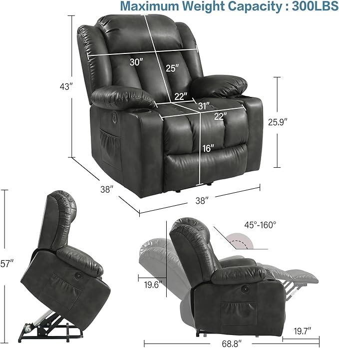PARKOL Power Lift Recliner Chair for Elderly Breathable Leather Recliner Chair with Massage and Heat for People Limited Mobility (Sliver Gray, Small)