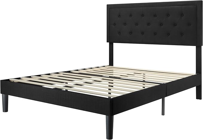 Allewie Full Size Upholstered Platform Bed Frame with Adjustable Headboard, Button Tufted, Wood Slat Support, Easy Assembly, Black