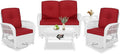 VIVIJASON 5-Piece Outdoor Patio White Wicker Conversation Sets, All Weather Outdoor Rattan Furniture Set Includes Glider Loveseat, 2 Coffee Table, 2 Swivel-Gliders Chairs with Cushions, Red