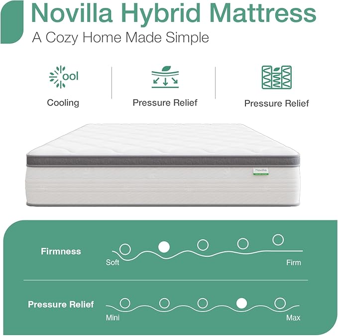 Novilla Hybrid Mattress Queen Size, 14 Inch Plush Mattress in a Box for Back Support & Pressure Relief, Supportive Comfort Foam with Pocketed Innersprings, CertiPUR-US Certified