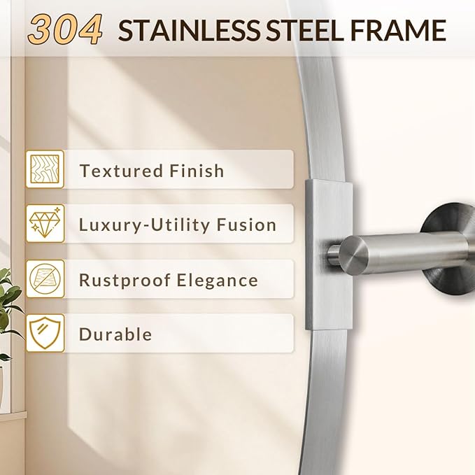 ANDY STAR Brushed Nickel Bathroom Mirror, 24 x 32 Inch Oval Pivot Mirror for Wall, Unique Farmhouse Tilt Mirror in Slim Silver Stainless Steel Metal Frame for Bedroom, Powder Room