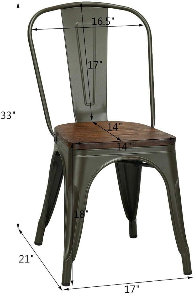 COSTWAY 18 Inch Dining Chair Set of 4, Industrial Vintage Stackable Metal Chairs, Counter Bar Chairs with High Backrest, Wood Seat, for Home, Kitchen and Cafe Bar Use