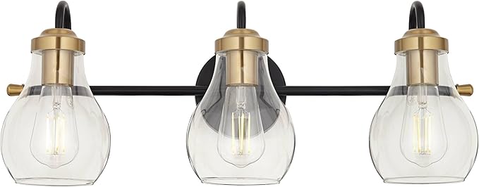 Possini Euro Design Brade Industrial Modern Wall Light Black Gold Hardwired 22 3/4" 3-Light Fixture Clear Glass Shades for Bedroom Bathroom Vanity Reading Living Room Hallway House Home Decor