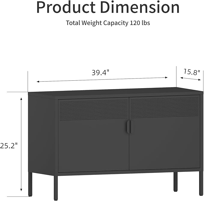 Black Wide Metal Locker Storage Cabinet, 2 Door Accent Cabinet for Home and Office, 2 Tier Low Metal Cabinet With Doors and Shelf, Multipurpose TV Stand