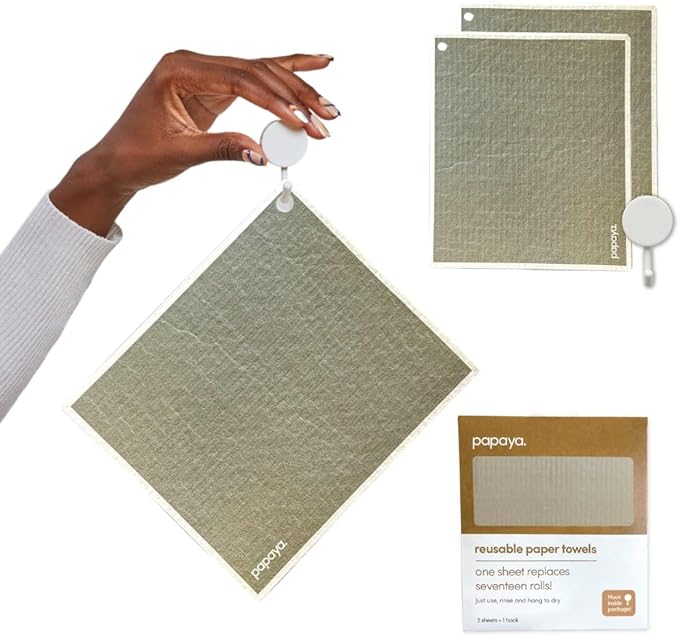 Papaya Reusable Paper Towels, Premium Swedish Dishcloths, Washable Reusable Dish Cloths, 1 Sheet Replaces 17 Rolls, Eco Friendly Stocking Stuffer - 2 Sheets, 1 Hook