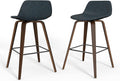 SIMPLIHOME Randolph Counter Stools (Set of 2) - 28 Inch Seat Height Upholstered Bentwood Kitchen Seats in Distressed Blue Vegan Faux Leather, Mid Century Seating with Curved Backrest and Footrest