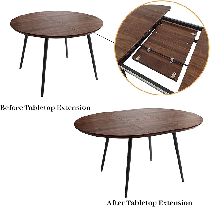 43.3"-59.1" Extendable Round Dining Table Set for 4, Mid Century Modern Wooden Round Table, Leisure Coffee Table,w/ 4 PU Leather Chairs