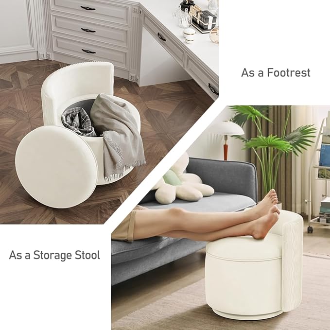 360° Swivel Accent Chair with Storage, Vanity Stool with Back, Velvet Storage Ottoman, Upholstered Round Barrel Vanity Chair for Living Room, Makeup Room, Bedroom (Off White)