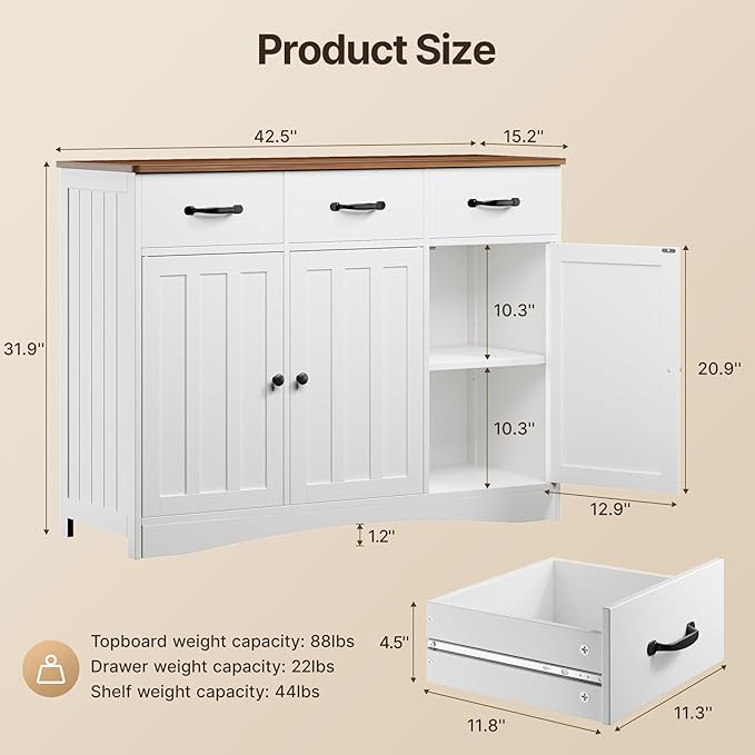 Gizoon Farmhouse Sideboard Buffet Cabinet, 42.5'' Kitchen Storage Cabinets with 3 Drawers and Barn Doors, Wood Coffee Bar Cabinet with Adjustable Shelf for Kitchen, Dining Room, Living Room, Retro