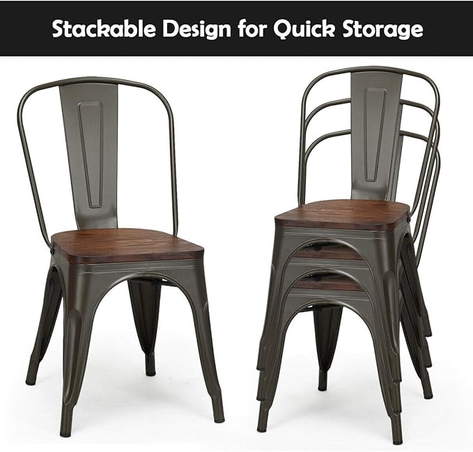 COSTWAY 18 Inch Dining Chair Set of 4, Industrial Vintage Stackable Metal Chairs, Counter Bar Chairs with High Backrest, Wood Seat, for Home, Kitchen and Cafe Bar Use