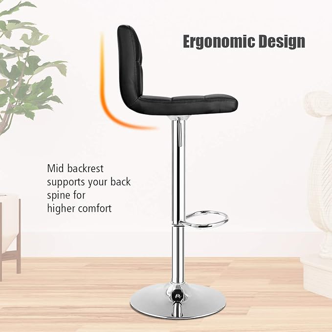 COSTWAY Bar Stool, Modern Swivel Adjustable Height PU Leather Barstools with Back, Square Armless Counter Height Bar Chair for Kitchen Island Dining Living Bistro Pub Counter, Black