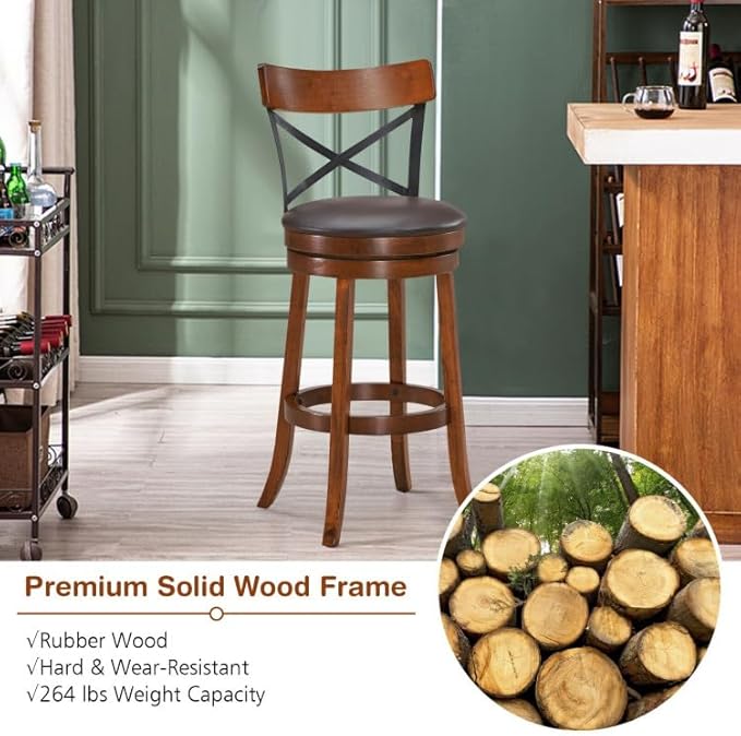 ERGOMASTER Swivel Counter Height Barstool 29 Inch Seat Height Bar Chair Cappuccino X Open Back （ 29 Inch,Set of 2）