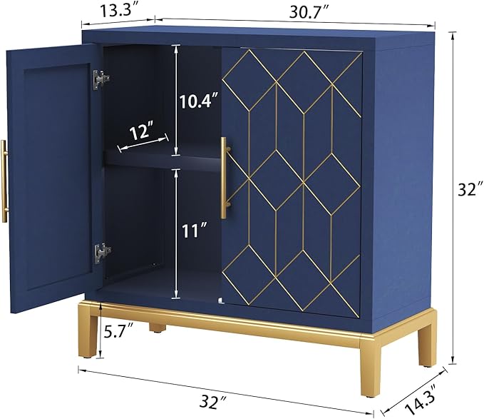 HLR Accent Cabinet with Gold Trim,Storage Cabinet with 2 Doors,Modern Wooden Sideboard for Living Room, Kitchen, Office and Hallway,Blue