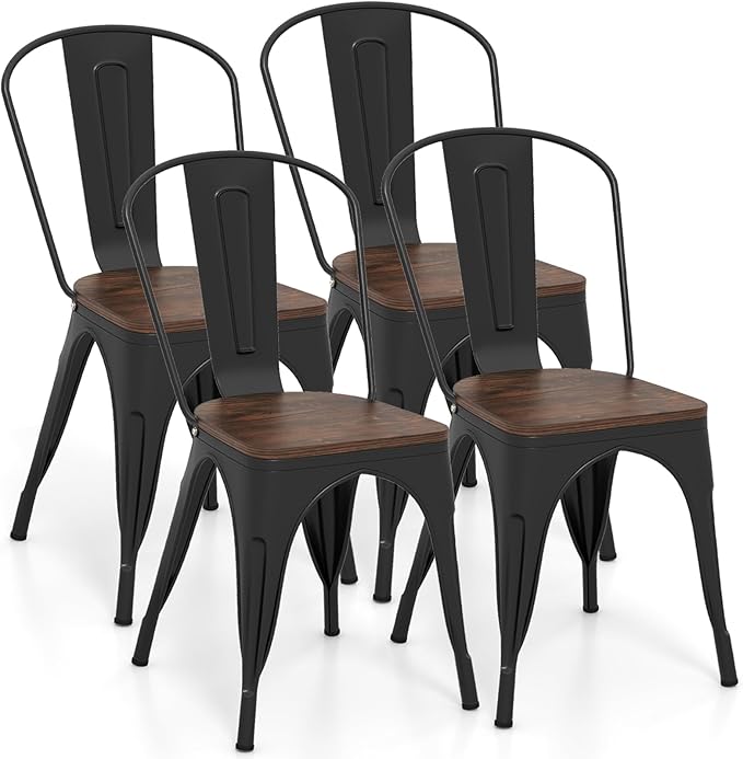 COSTWAY 18 Inch Dining Chair Set of 4, Industrial Vintage Stackable Metal Chairs, Counter Bar Chairs with High Backrest, Wood Seat, for Home, Kitchen and Cafe Bar Use