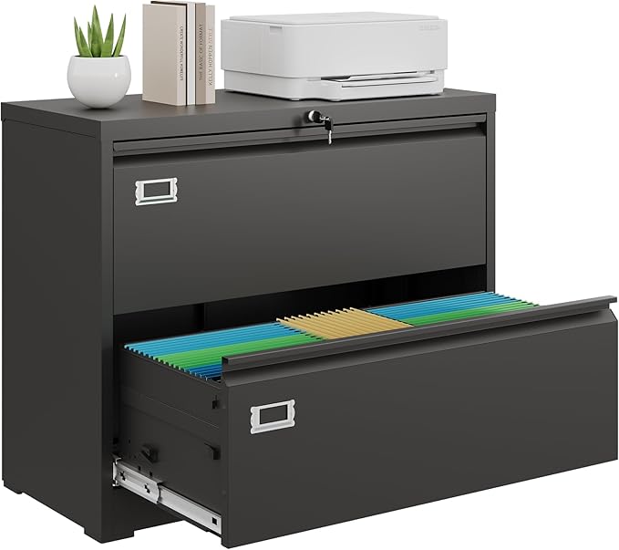 DEVAISE Metal Lateral File Cabinet with Lock, 2 Drawer Filing Cabinets for Home Office, 16" D x 35" W x 29" H Wide Storage Organization for Hanging Files Letter/A4/Legal/F4 Size, Black